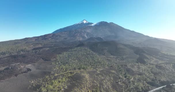 Drone aérea de la cima de una montaña volcánica en un parque natural nacional, rocoso paisaje hermoso áspero en una isla Tenerife, España, Europa. — Vídeo de stock