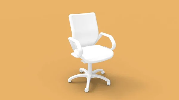 La representación 3D de una silla de oficina y las herramientas de negocio de muebles funcionan con asientos de utensilios en un trabajador de oficina. Aislado en un fondo de estudio. — Foto de Stock
