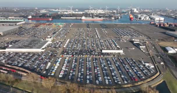 Aeronáutica de um terminal de estacionamento para automóveis área de carga pronta para distribuição no porto industrial de Amsterdã, Westhaven, Países Baixos. — Vídeo de Stock