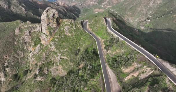 Drohnenaufnahme einer wilden touristischen kurvenreichen Straße in den grünen, üppigen Bergen entlang der Atlantikküste, einem sonnigen Sommerziel, Teneriffa, Spanien, Europa. — Stockvideo