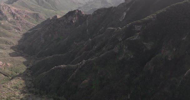 Aérea de montaña de Tenerife. acantilado dramático, rocoso y verde bosque montañas paisaje. Vista panorámica del dron. Destino turístico de vacaciones en España. — Vídeos de Stock