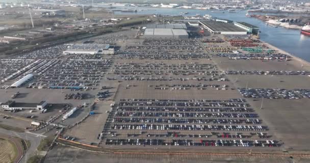 Amsterdam Westhaven, 2 mars 2022, antenn på en bilterminal parkeringsplats lastutrymme redo för distribution i industrihamnen. — Stockvideo