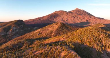Vahşi bir dağ zirvesi ve bir yol ormanı kayalık volkanik manzarası bulutlarda, Tenerife 'de, İspanya' da, Avrupa 'da altın saat günbatımında..