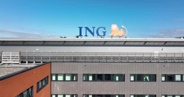 Amsterdam, 6th of March 2022, The Netherlands. ING international commercial major bank financial institution office and logo on a office building facade. Aerial drone view — Stock Video