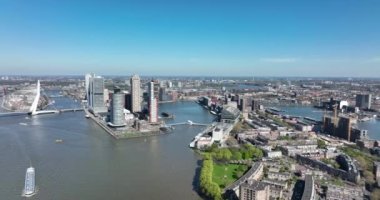 Hollanda 'daki Rotterdam şehrinin silueti Maas ve ofis binalarının manzarasına bakıyor. Varış yeri Hollanda. Erasmusbrug ve nehir Maas şehir manzarası.