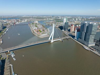 Hollanda 'daki Rotterdam şehrinin silueti Maas ve ofis binalarının manzarasına bakıyor. Varış yeri Hollanda. Erasmusbrug ve nehir Maas şehir manzarası.