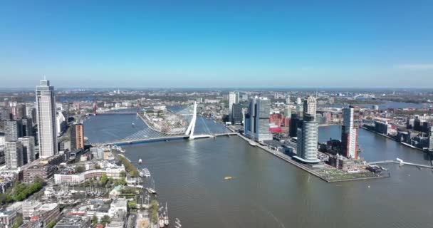 オランダのロッテルダム市街地のスカイラインMaasとオフィスビル街の景色のドローンビュー。オランダの目的地。Erasmusbrugと川｜Maas Urban City View. — ストック動画