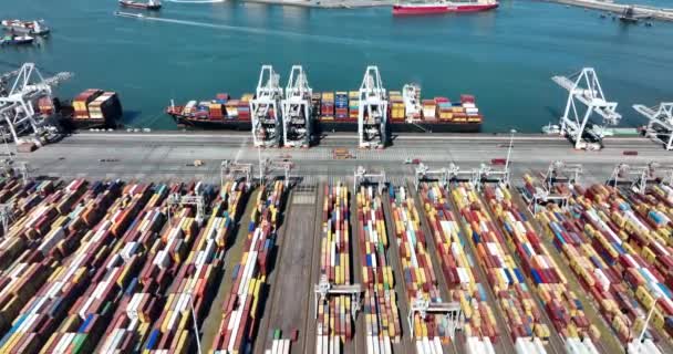 Rotterdam, 18th of april 2022, The Netherlands. Container terminal logistic ship loading and unloading of import and export dock commercial harbour aerial drone view. freight business — Vídeo de stock