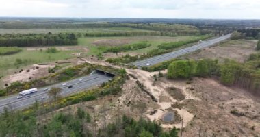 Ecoduct ecopassage or animal bridge crossing over the A12 highway in the Netherlands. Structure connecting forrest ecology landscape over the freeway