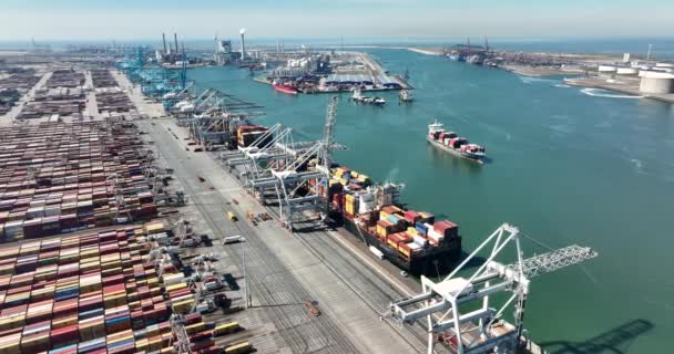 Rotterdam, 18th of april 2022, The Netherlands. Container terminal logistic ship loading and unloading of import and export dock commercial harbour aerial drone view. freight business — Video