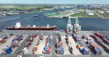 Amsterdam, 11th of may 2022, The Netherlands. International container shipping and transportation terminal company. Commerce freight distribution port logistics of goods.