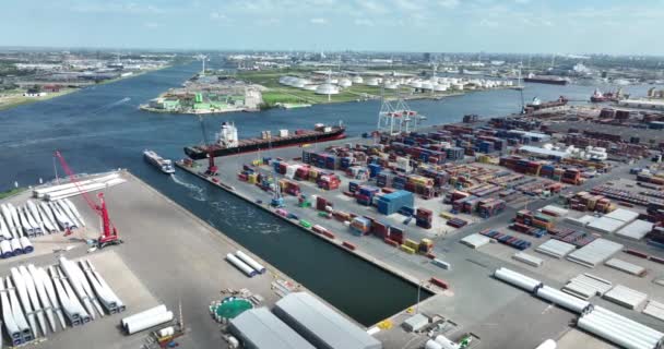 Amsterdam, 11th of may 2022, The Netherlands. International container shipping and transportation terminal company. Commerce freight distribution port logistics of goods. — Vídeo de stock