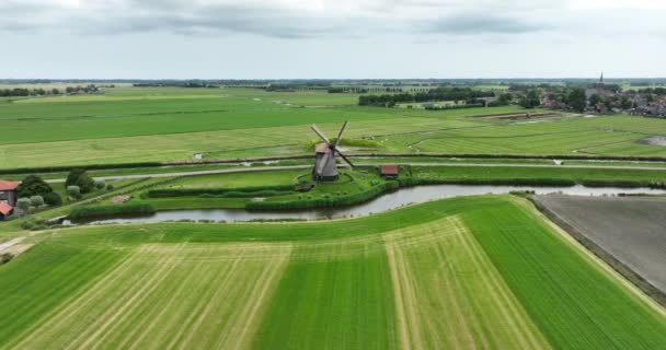 川の天気の良い日と緑の自然芝フィールドファームの風景の田舎の歴史的な伝統的なオランダの古い風車 — ストック動画
