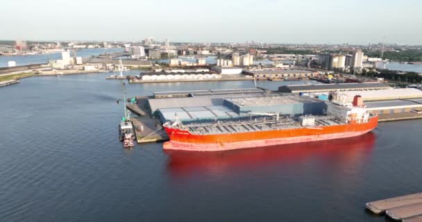 荷兰阿姆斯特丹港的一个大型工业港 石油化工行业对天然气 石油产品和运输船的储存进行了分类 — 图库视频影像