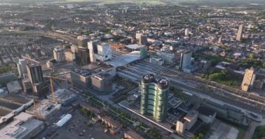 Utrecht urban city skyline and central station business district architecture real estate project in the city. Aerial drone overhead view.