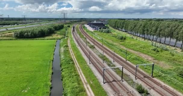 Dutch Train Green Open Grassland Landscape Green Alternative Sustainable Transportation — ストック動画