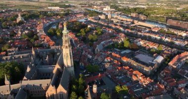 The Abbey Tower 90.5 meter high church tower in the abbey complex in Middelburg. Nicknamed the Lange Jan. Amoung tallest church towers in the Netherlands. Middelburg urban city overview in Zeeland