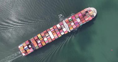Container cargo ship, bulk transport for sea containers. Top down aerial of a maritime commercial global transport shipping industry vessel op open ocean. Supply chain logistics business freight
