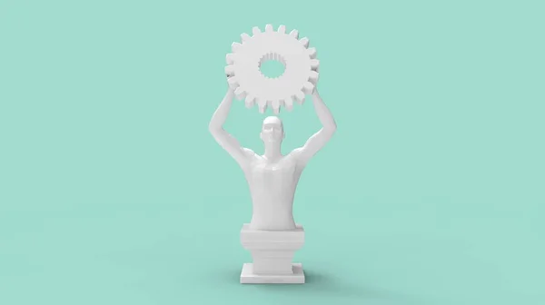 3D rendering of a trophy cup prize winner competition medal. Engineering gear man holding and celebrating win reward isolated on empty space studio background.