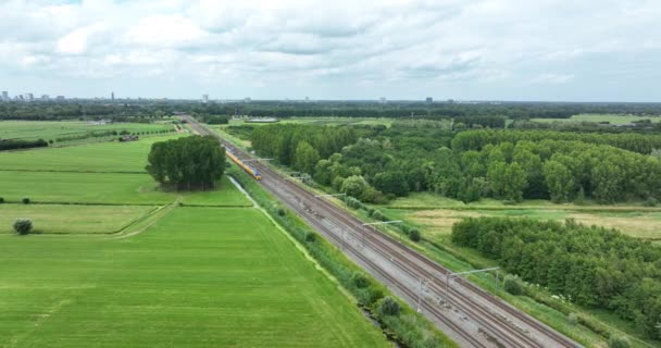 Dutch Train Passing Commuting Traveling Forrest Grassland Nature Landscape Sustainable — стоковое видео