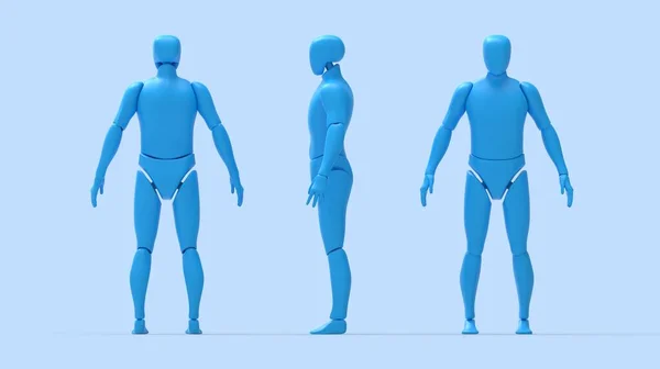 3D rendering of a dummy robot man person model blank template isolated in studio background. 3D computer generated person posing multiple views side front back. man.