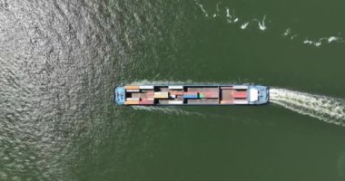 Container cargo ship, bulk transport for sea containers. Top down aerial of a maritime commercial global transport shipping industry vessel op open ocean. Supply chain logistics business freight
