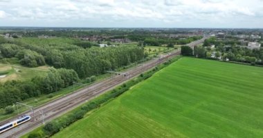 Dutch train passing commuting traveling in forrest grassland nature landscape. Sustainable travel technology by rail road modern railway rialroad transportation.