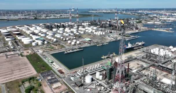 Flaring Combustion Gases Released Petroleum Production Refinery Port Antwerpen Belgium — Vídeos de Stock