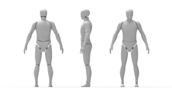 在工作室背景下 一个模拟机器人人模空模板的三维渲染 3D计算机生成的人提出多视图侧前后方 — 图库照片