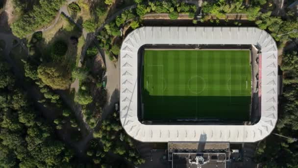 Futebol Estádio Futebol Cima Para Baixo Aéreo Forrest Park Estrutura — Vídeo de Stock