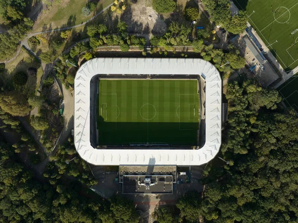 Fußballstadion Von Oben Nach Unten Antenne Waldpark Grüne Landschaftsarchitektur Struktur — Stockfoto
