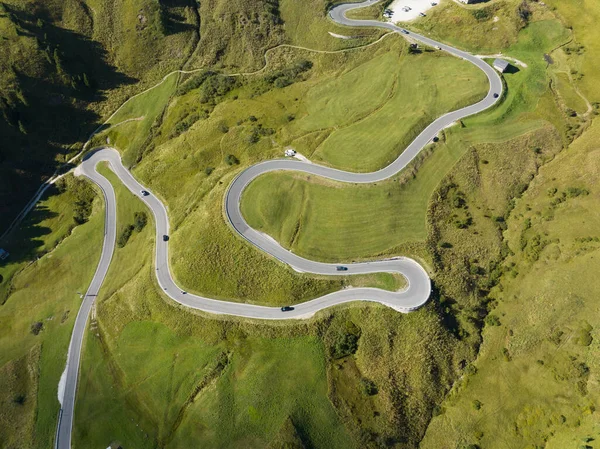 Alp Adventure Road Hair Pin Twisty Dolomites Italy Aerial Drone — Stock Photo, Image