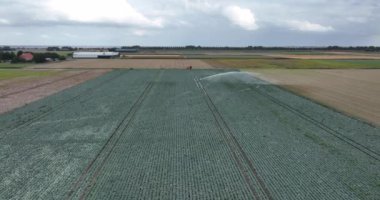 Tarlaların sulanması ekinlerin fıskiyeler su tesisatı havadan bakıldığında tarım arazileri kuraklık teknolojisi tarım teknolojisi.