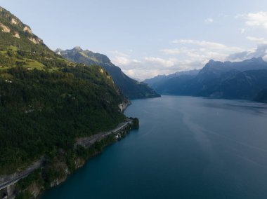 Vierwaldstattersee, Schwyz, İsviçre 'nin iç kesimlerinde Alp Gölü Ormanı ve Dağları' nın insansız hava aracı manzaralı. Turkuaz suyu.