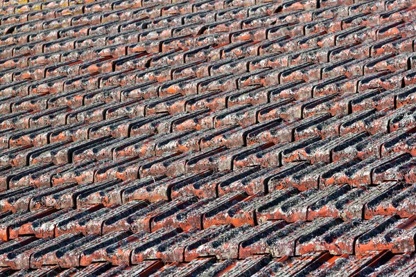 Toit carrelé en argile rouge avec lichen — Photo