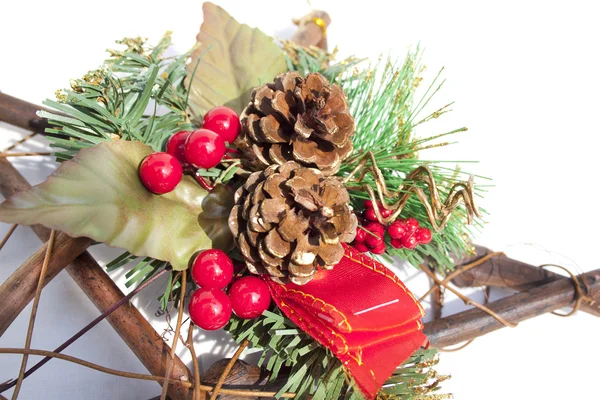 Close Up of Christmas Decoration on Wooden Star Background — Stock Photo, Image