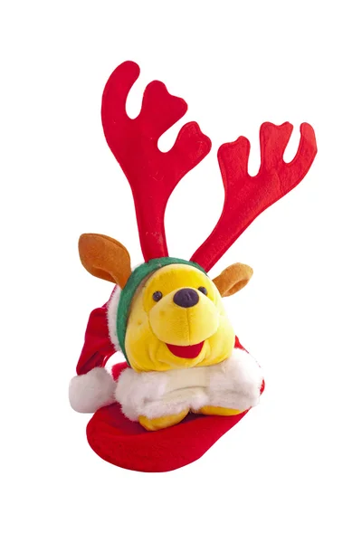 Ren geyiği boynuzları giyiyor Noel oyuncak ayı — Stok fotoğraf