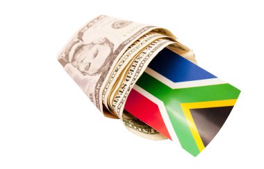 Güney Afrika bayrağı sarılı Amerikan Doları banka notları