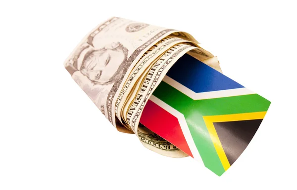 Флаг ЮАР, завернутый в банкноты американского доллара — стоковое фото