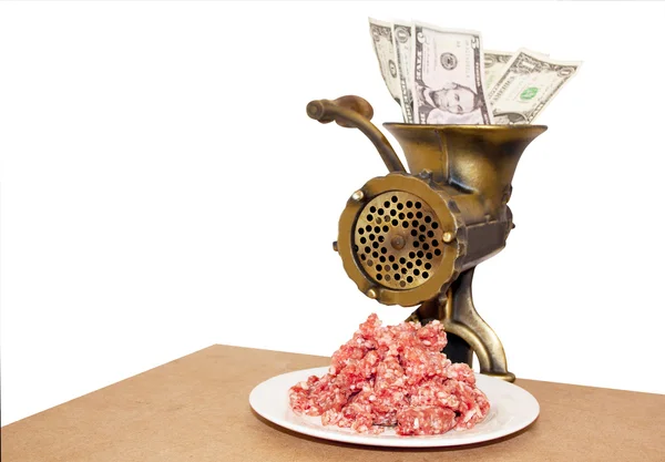 Vintage Mincer With Minced Meat And Bank Notes — Stock Photo, Image