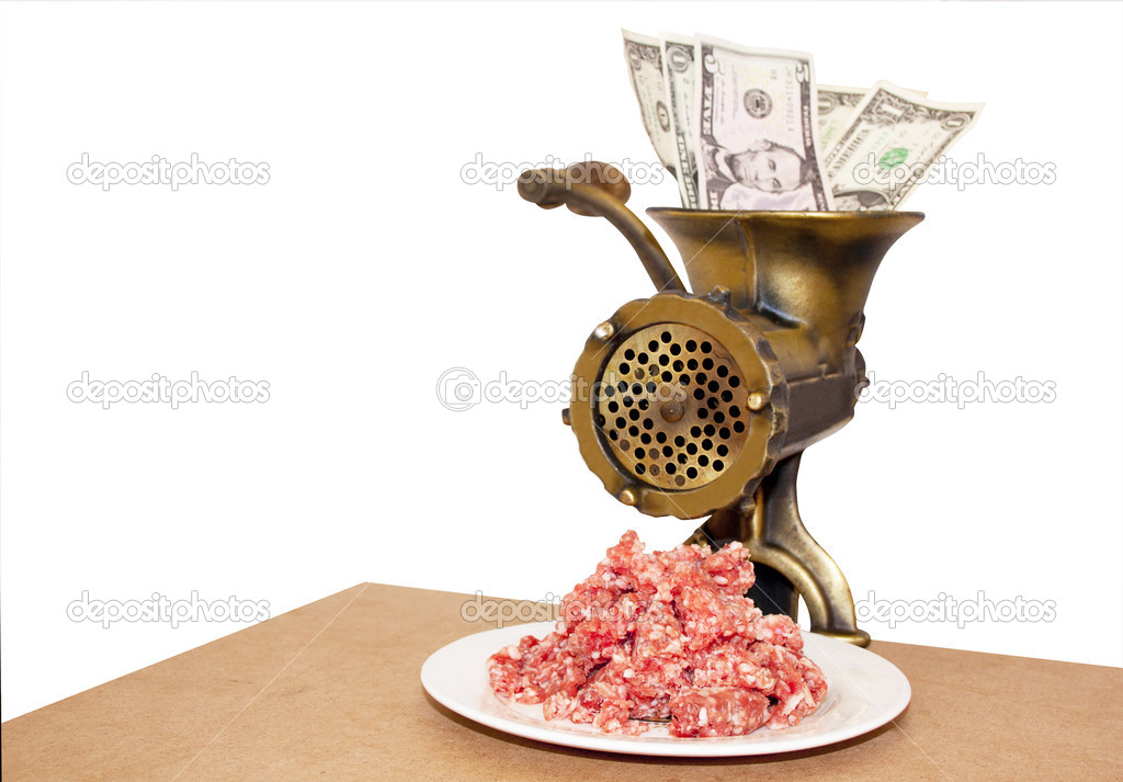 Vintage Mincer With Minced Meat And Bank Notes