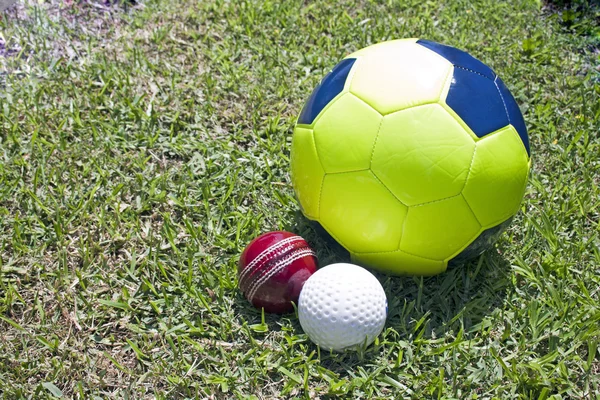Football Cricket And Hockey Balls On Green Grassy Field — Stock Photo, Image
