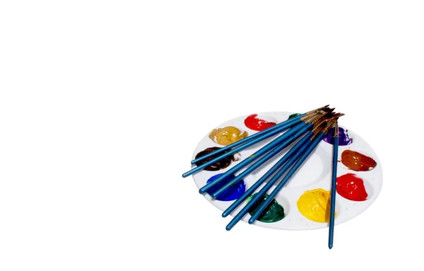 Isolated Palette With Eight Blue Paint Brushes — Stock Photo, Image