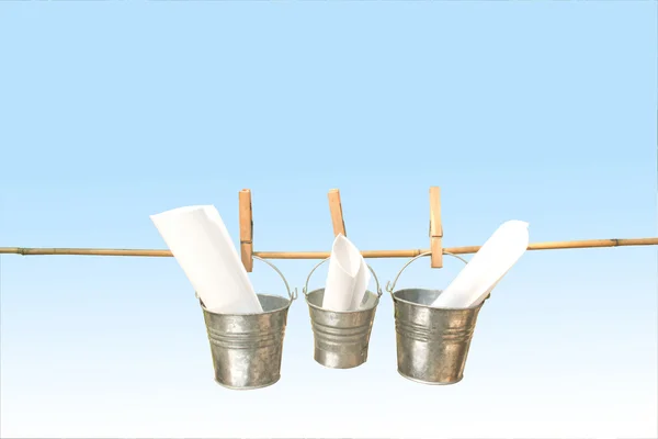 Three Galvanized Buckets Pegged On Bamboo Stick — Stock Photo, Image