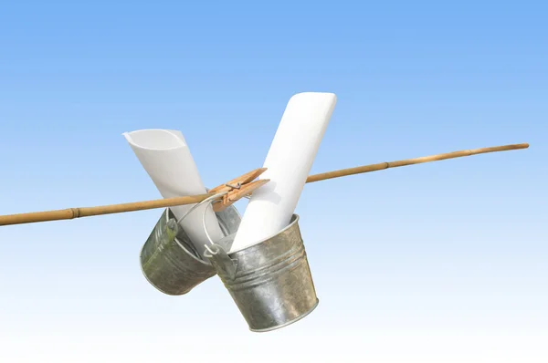 Two Galvanized Buckets Pegged On Bamboo Stick — Stock Photo, Image