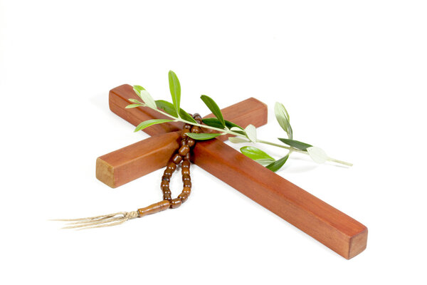 Wooden Cross With Rosary And Olive Branch