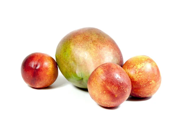 Tres nectarinas y mango tropical maduro en blanco — Foto de Stock