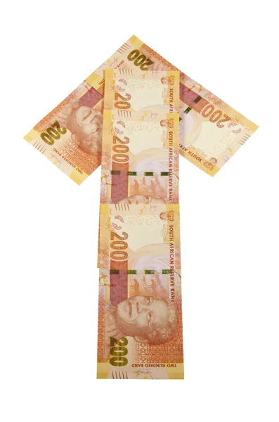 Concept pijl bankbiljetten weergegeven: Zuid-Afrikaanse rand waarde apprec — Stockfoto