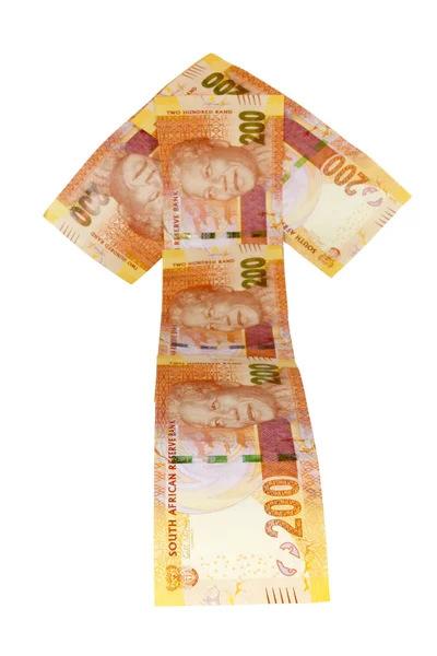 Concept pijl bankbiljetten waaruit blijkt dat Zuid-Afrikaanse rands hobbelige rit — Stockfoto