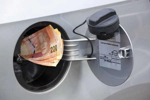 Concept South African Banknotes Feeding Into Petrol Tank — Stock Photo, Image